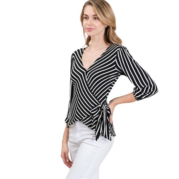 3/4 Sleeve Surplice Faux Wrap Top with Side Tie - Picture 2 of 4